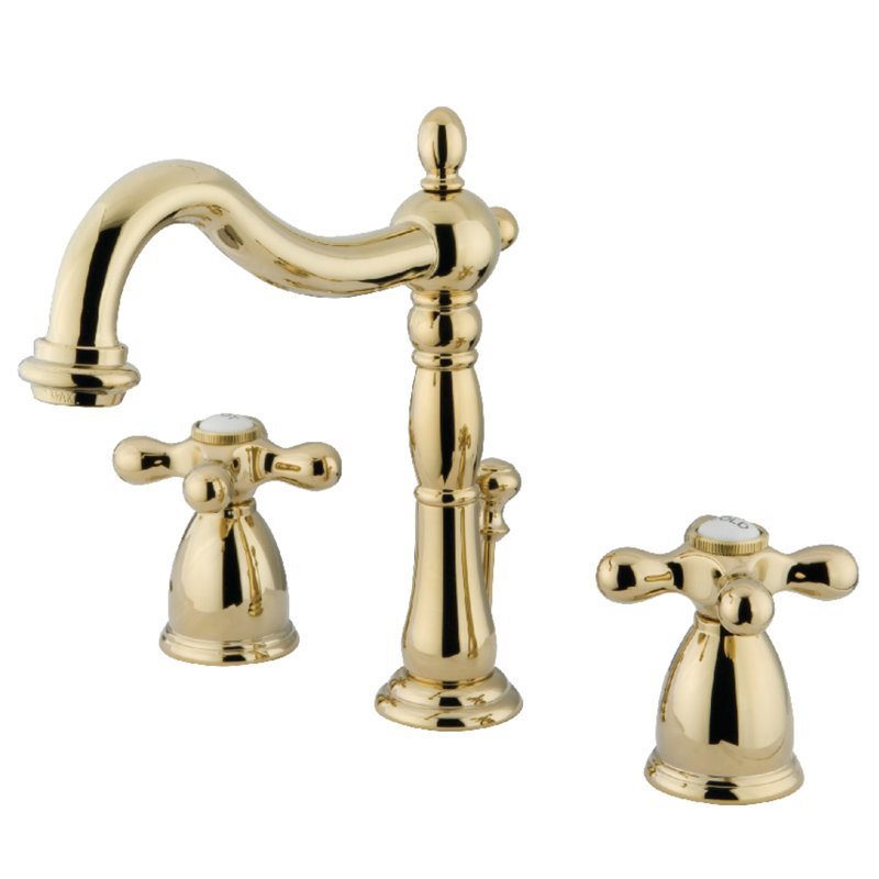 Kingston Brass Heritage Two-Handle 3-Hole Deck Mount Widespread Bathroom Faucet with Pop-Up Drain, Polished Brass