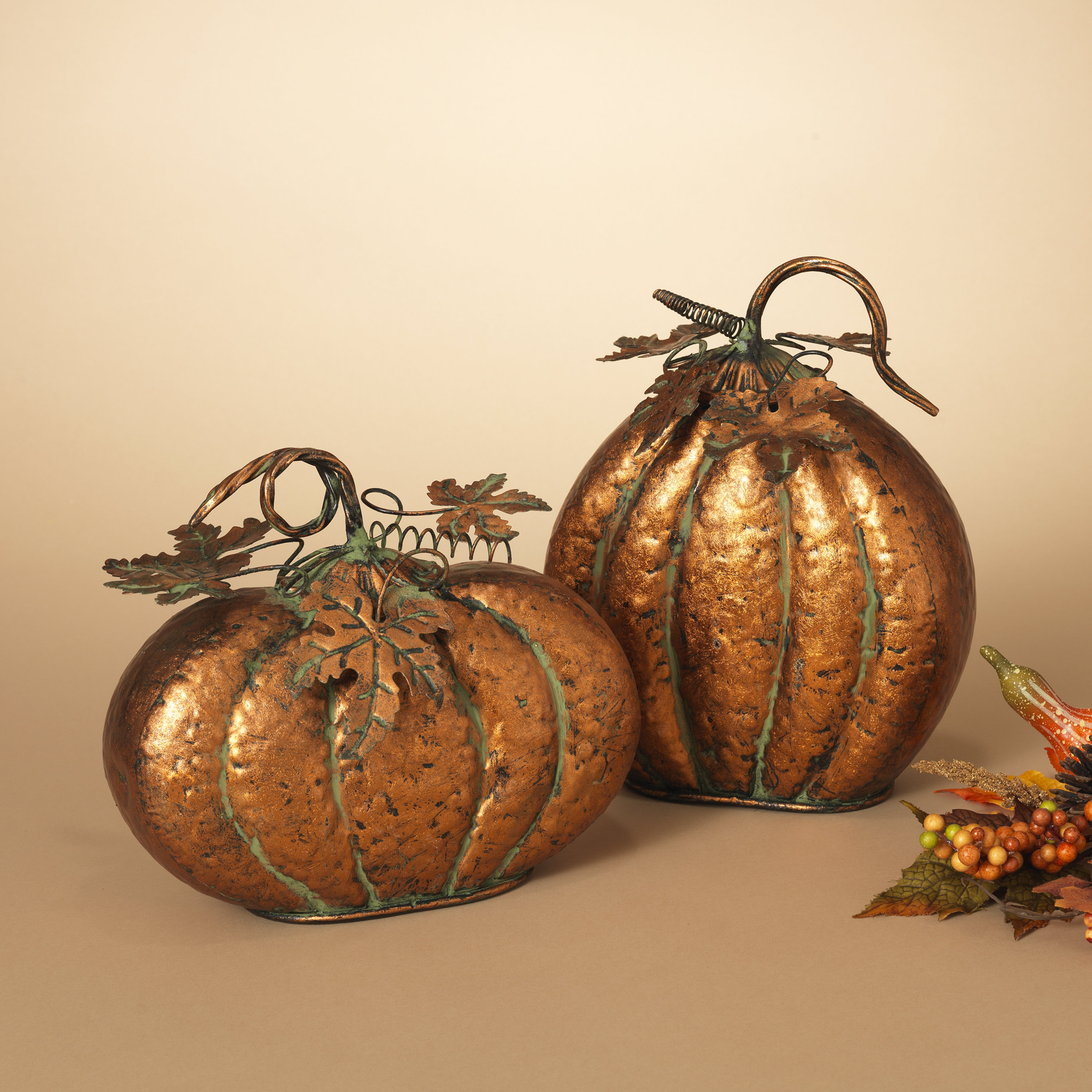 Three Posts Set Of 2 Assorted Metal Harvest Tabletop Pumpkins With Leaf Accents & Reviews | Wayfair