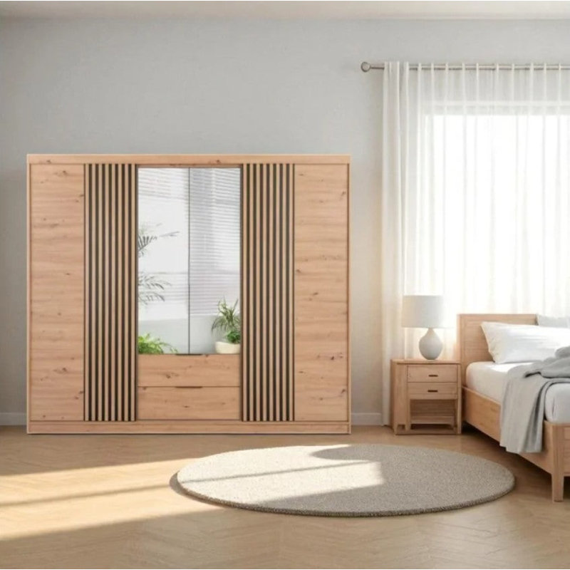  Sonoma Bionda 250 Sliding Wardrobe - Mirrored Doors with  Vertical Lamelas, Oak