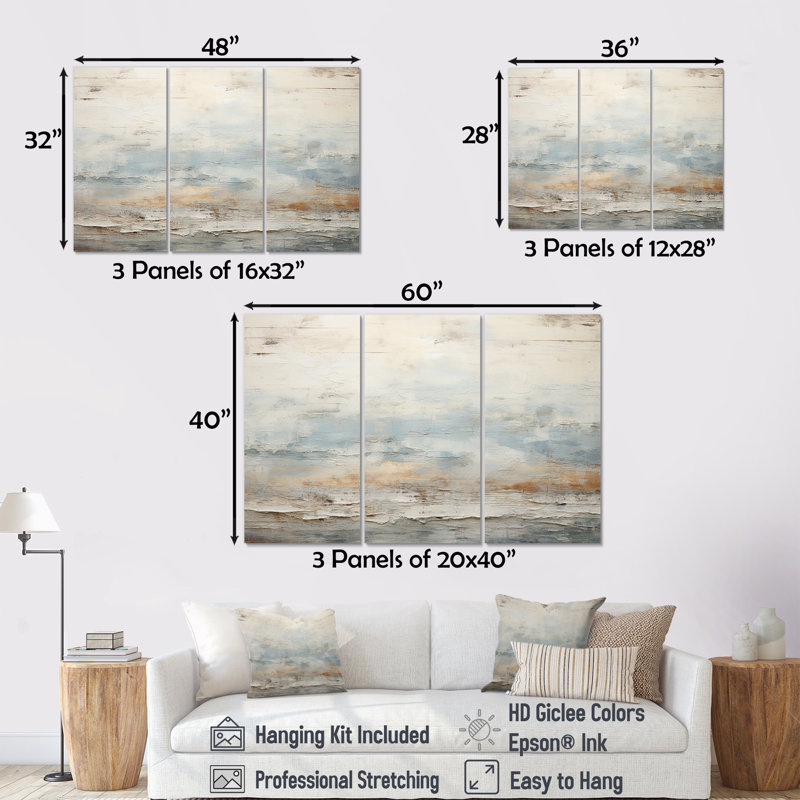 «Beige Blue Ocean Storm», ensemble d'art mural formes abstraites, Toile tendue, H 40 po x l 60 po x P 1 po
