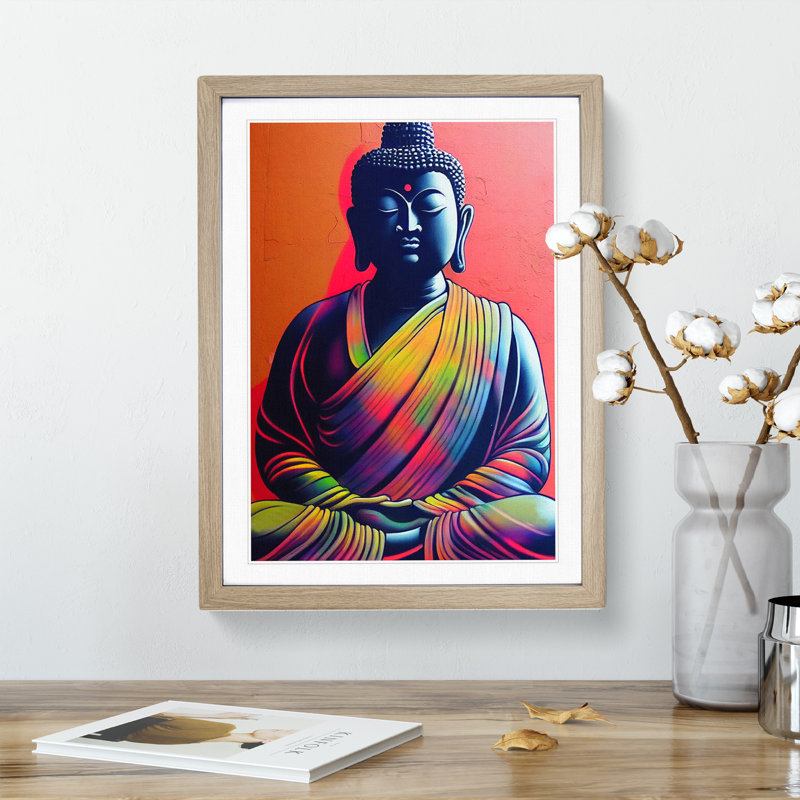 Colourful Buddha No.3 - Wall Art, 66cm H x 48cm W x 2cm D, Oak Framed, White
