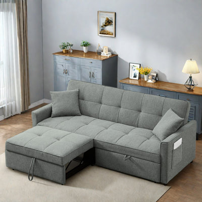 3 In 1 Convertible Sleeper Sofa Bed With Reclining Backrest, Pillows And Side Pockets