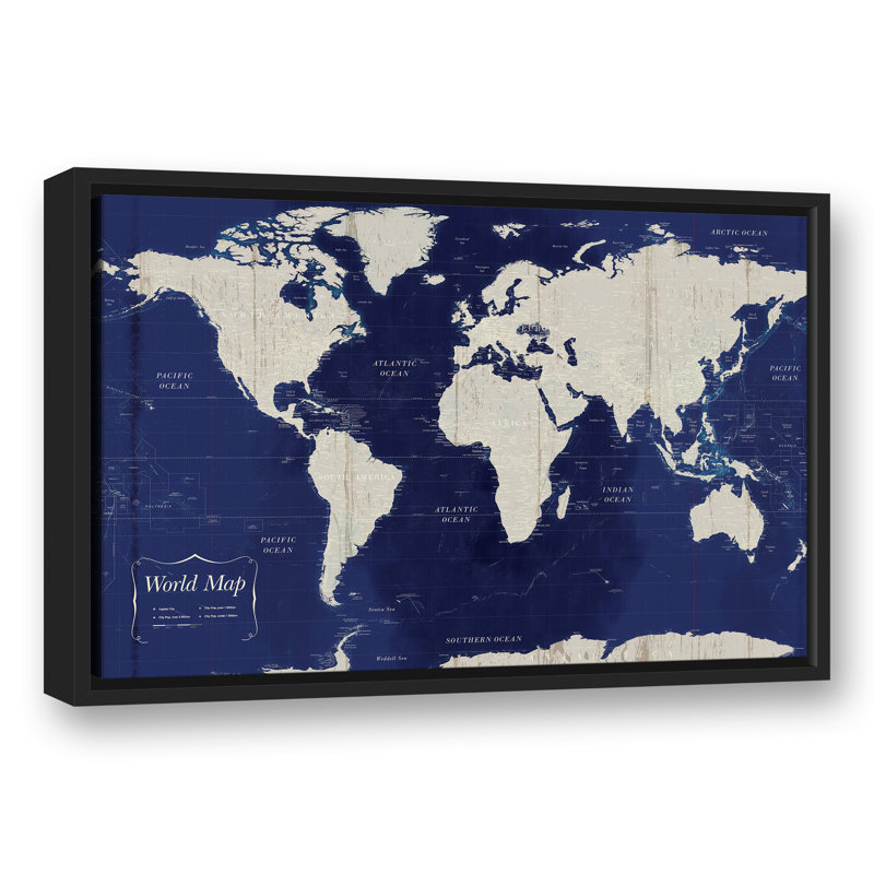 Carte du monde bleu marine encadrée sur toile, L 25,75 po x H 17,75 po