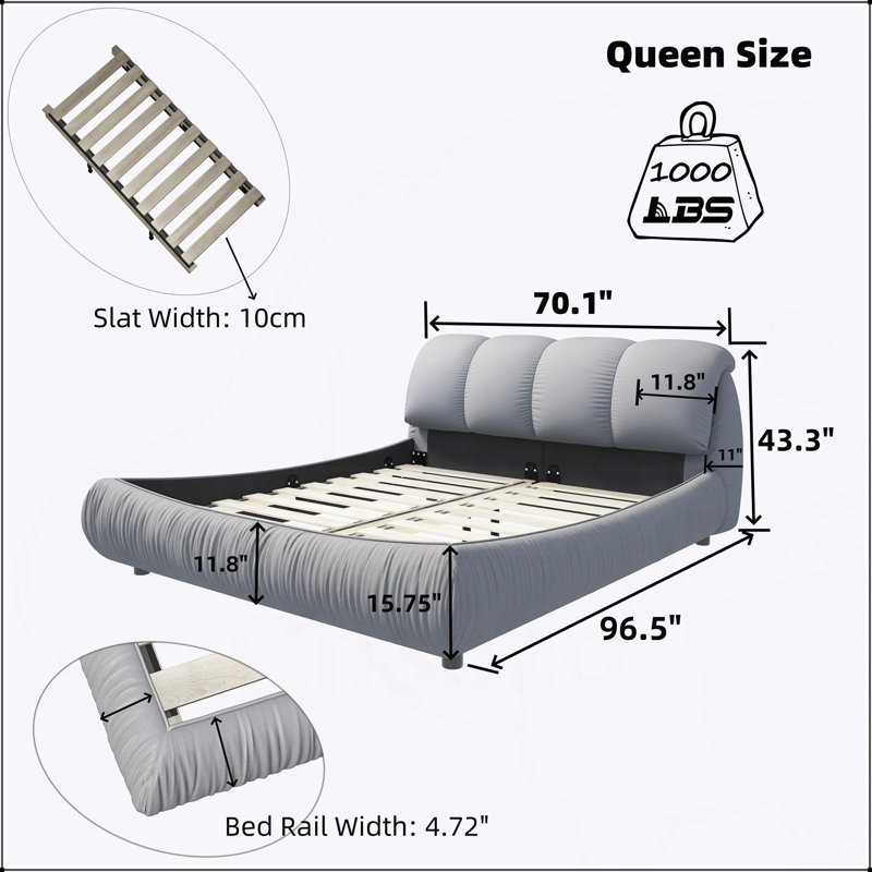 Grand lit plateforme tapissier grand format avec dossier rembourré surdimensionné et structure en bois massif, convenant à plusieurs hauteurs de matelas, gris