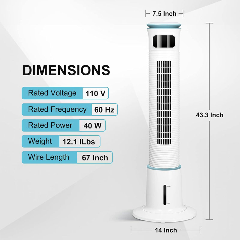 Ventilateur tour simple de luxe de 43 pouces avec fonction de brume et télécommande, 12 vitesses, 3 modes et minuterie 15H, pour chambre à coucher et bureau intérieur, blanc