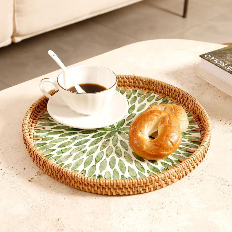 13.8" Round Rattan Tray With Green Leaf Inlay