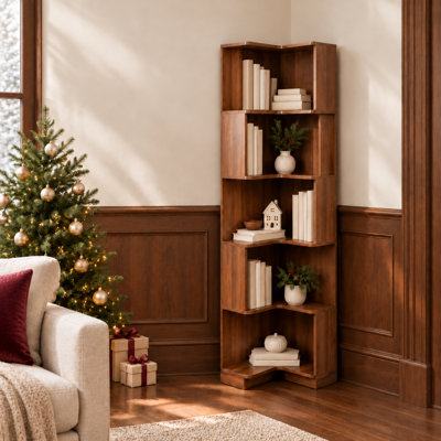 5-Tier Corner Bookshel with LED Lishts,  Corne Rockcase aith Baf fe, Freestandine Disply Shelf fer Hoe Office, Lvine Rom Bedron & Rtchen,brown