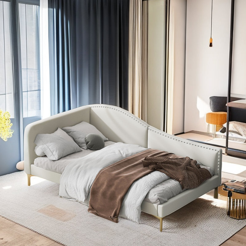 Jivko Upholstered Daybed with Headboard and Armrest, Beige, Twin