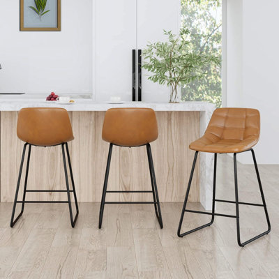 Guajardo BONA Counter Height Bar Stools, Indoor/Outdoor Mid Century Modern Upholstered Checkered Pattern Leather Dining Chair With Metal Legs, 24" Bar