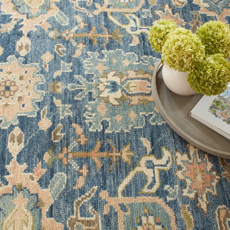 Camille Hand Knotted Wool Floral Area Rug in Navy/Beige, Runner 2'6" x 8'