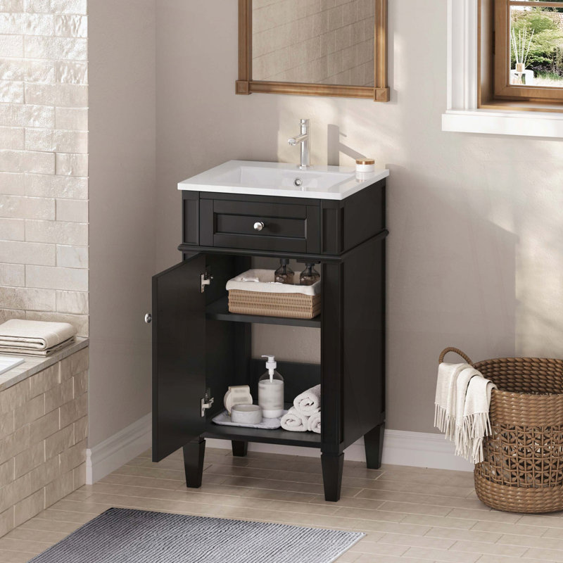 Meuble-lavabo de salle de bain de 18 pouces avec lavabo en céramique, Black, 18.1"W