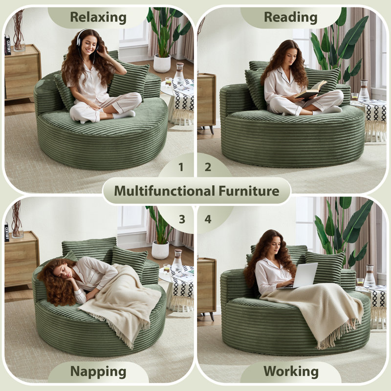 56" Oversized Bean Bag Chair, Boneless Round Chaise Lounge Single Sofa Chair with Pillows, Green Corduroy