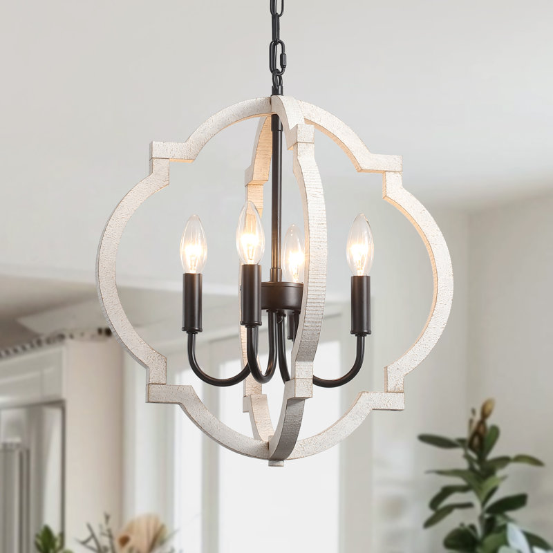 Uman 4 - Light Dimmable Farmhouse / Country Distressed Wood Candle Style Geometric Chandelier, Black/White