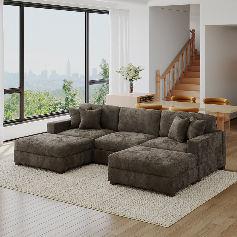 Canapé modulaire en chenille 5 pièces 5 pièces, Chenille chameau, H 33,4 po x l 117 po x P 68,3 po