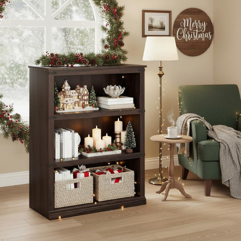 3 Tier Bookcase, Farmhouse Book Shelf with Storage, Low Book Case Wooden 3 Shelf Bookcase for Home Office, Living Room, Bed Room,39.9" H x 31.4" W x 12.2" D