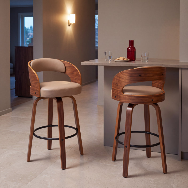 Tabouret de comptoir pivotant moderne de 26 po avec cadre en bois cintré, Beige, Counter Stool (26” Seat Height)