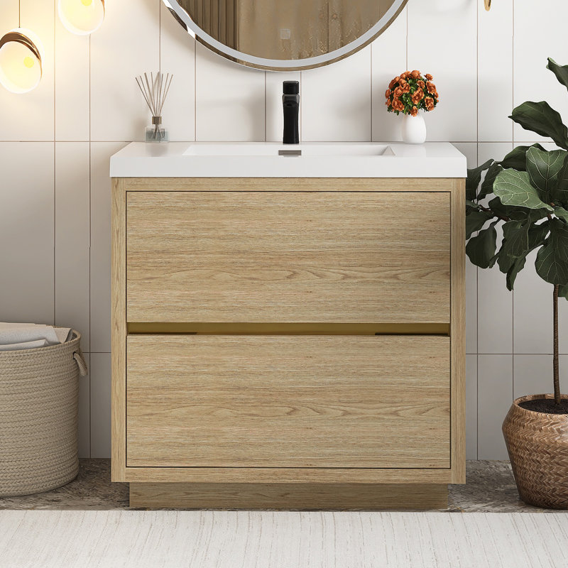 Meuble-lavabo sur pied 36 po avec lavabo, Bois de chêne naturel