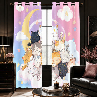 2Pcs Cute Cat Moon Star Cloud Printed Curtains, Cartoon Kawaii Pattern Sun Blocking, Decorative Ring Top for Bedroom Nursery Room for Home Dector