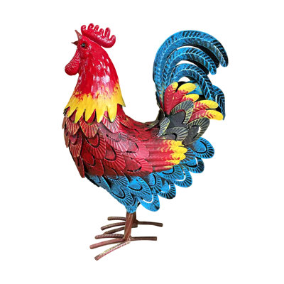 Wrought Iron Rooster Garden Statue, Rustic Metal Chicken Sculpture, Weather Resistant Outdoor Farmhouse Décor