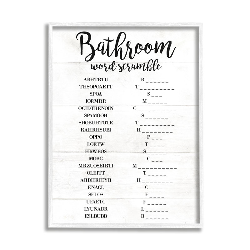 «Bathroom Word Scramble White and Black», impression, Cadre blanc, H 14 po x l 11 po x P 1,5 po