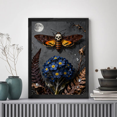 Art encadré noir, fleurs colorées et mystérieuses qui attirent les papillons de nuit, impressions encadrées de style rétro