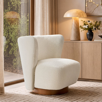 31"W Sherpa Swivel Barrel Chair, Modern Upholstered Barrel Chair with Curved Back & Solid Wood Base for Living Room, Bedroom