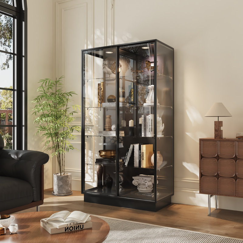 Bibliothèque 73 po avec portes coulissantes, éclairage à DEL et tablettes en verre