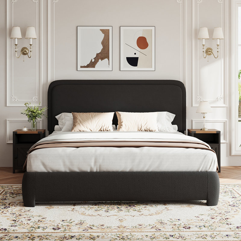 Ensemble de lit plateforme tapissier 3 pièces Bensu Boucle, Grand, Noir