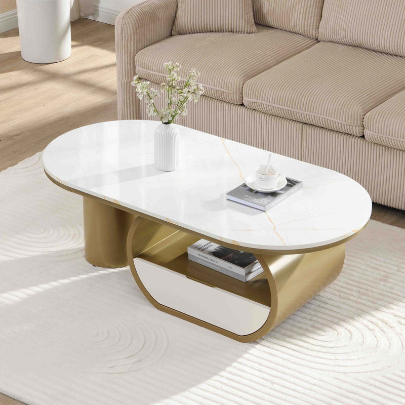 Table basse ovale de luxe, table basse avec tiroir de rangement, table centrale en métal pour le salon