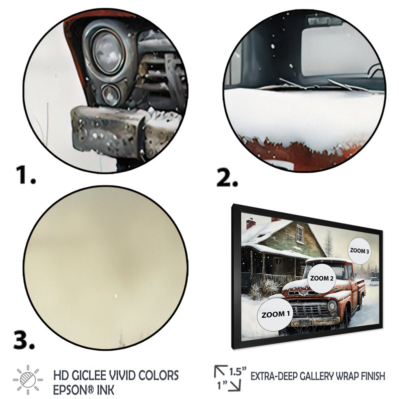 «Old Truck at the Barn in Winter II», peinture sur toile, H 12 po x l 20 po x P 1 po, Impression noire sur toile encadrée
