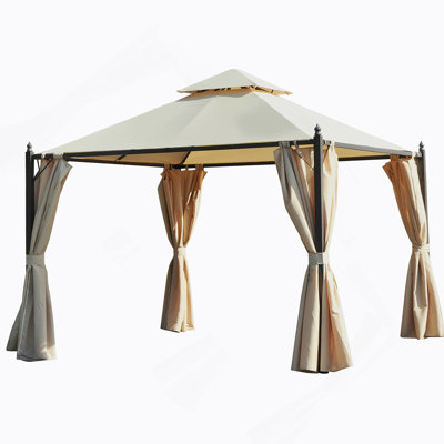 10X10ft Steel Patio Gazebo With Polyester Privacy Curtains, Two-Tier Roof