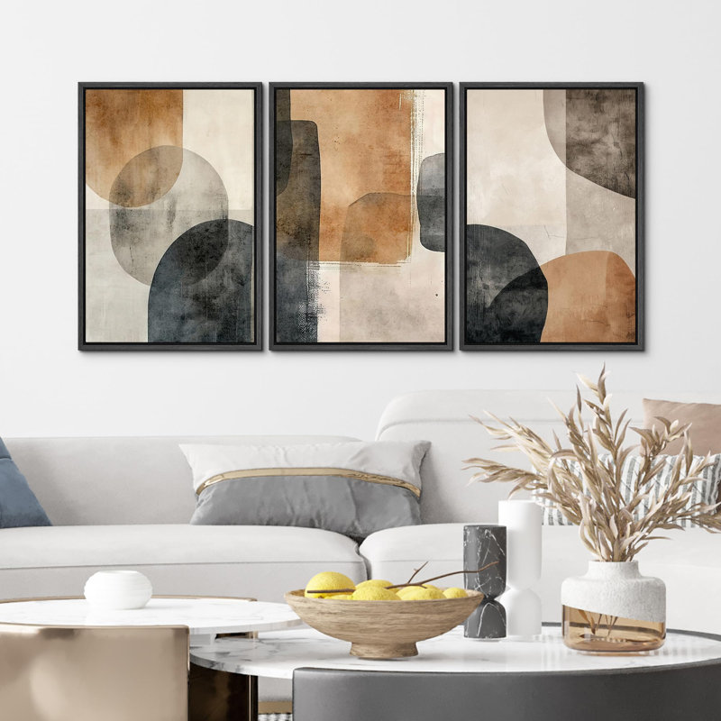 "Illustration contemporaine de tons de terre abstraits avec motifs géométriques" - 3 pièces, Noir, H 36 po x l 24 po