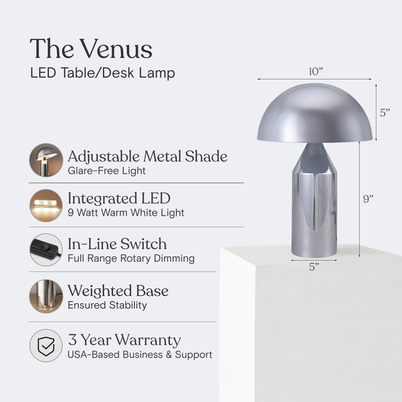 Venus 14 In. Dimmable LED Modern Dome Shade Table Lamp in Silver Chrome Finish, Chrome