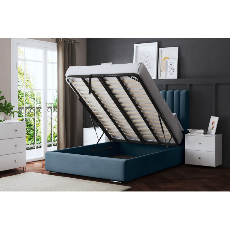  Panel Ottoman Bed with Headboard, Super King (6'), Blue