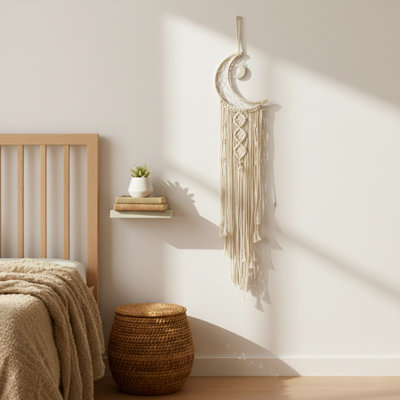 Cotton Macrame Crescent Moon Wall Hanging With Tassel Lights