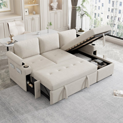 Canapé modulaire de 83,5 po avec canapé en L et canapé-lit modulaire avec grand espace de rangement, deux porte-gobelets et deux ports USB pour le salon, beige
