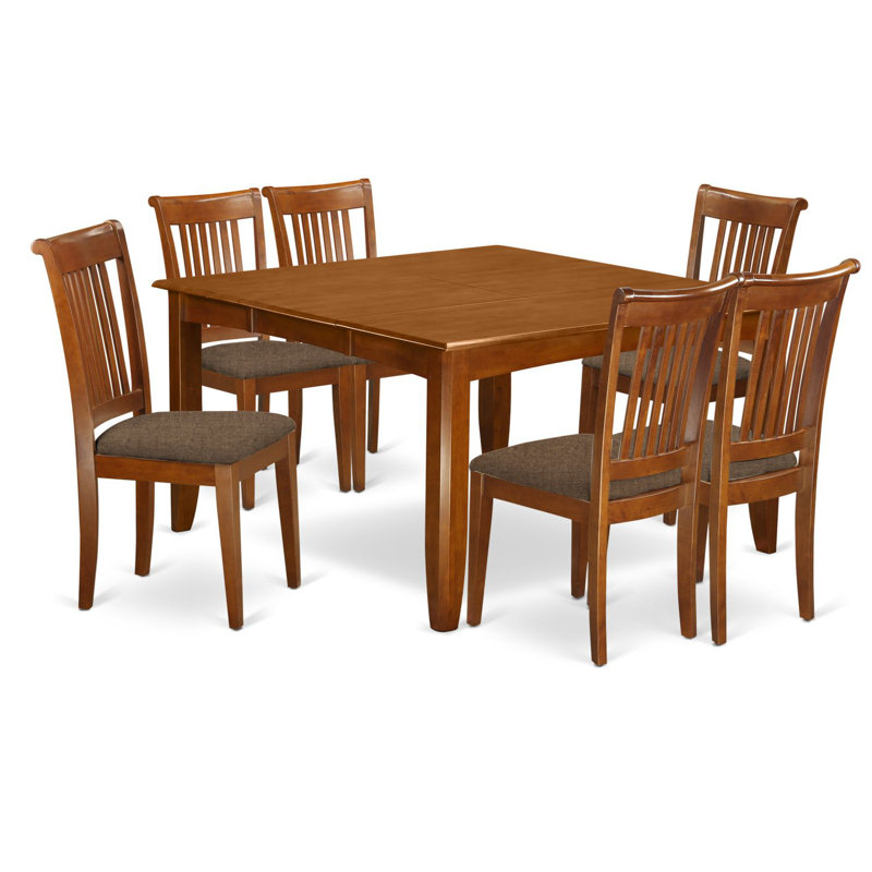 7 Piece Dining Room Table Set Consist of a Square Wooden Table with Butterfly Leaf and 6 Linen Fabric Kitchen Dining Chairs, 54x54 Inch, Saddle Brown