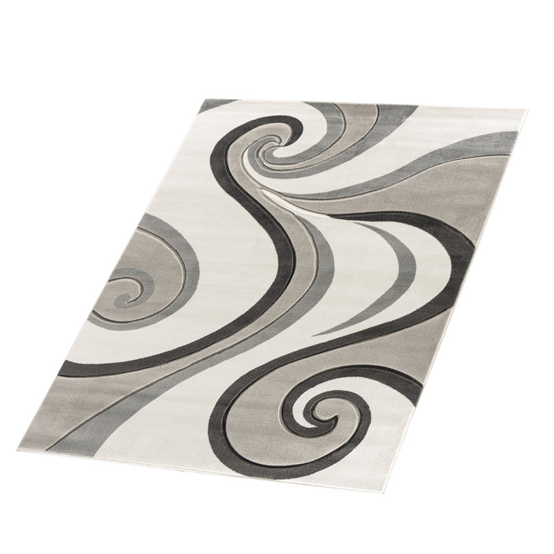 Tapis moderne à motif de tourbillons sculptés à la main gris argenté moelleux