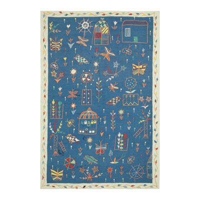Rug & Kilim’S Suzani Style Kilim In Navy Blue With Polychromatic Tribal Patterns