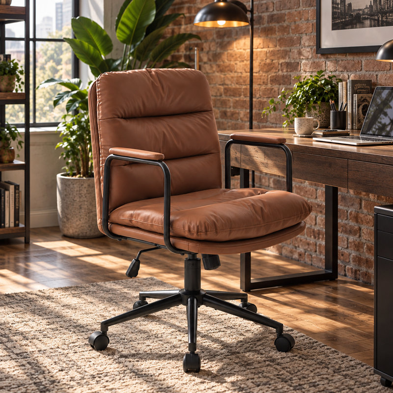 Chaise de bureau en polyuréthane, chaise de bureau pivotante à hauteur réglable avec accoudoirs rembourrés, coussin épais et pochette de rangement, chaise d'ordinateur ergonomique pour le bureau personnel
