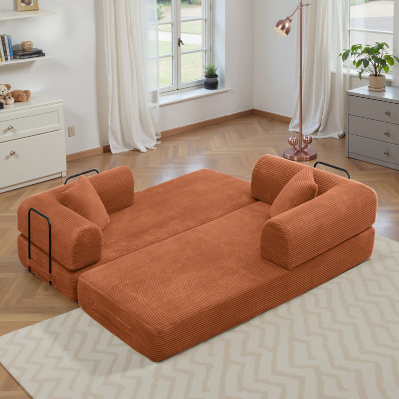 Canapé-lit modulable en velours côtelé de 164 cm (64,5 po) sans structure, en mousse à compression, avec 2 oreillers et cadre fixe.