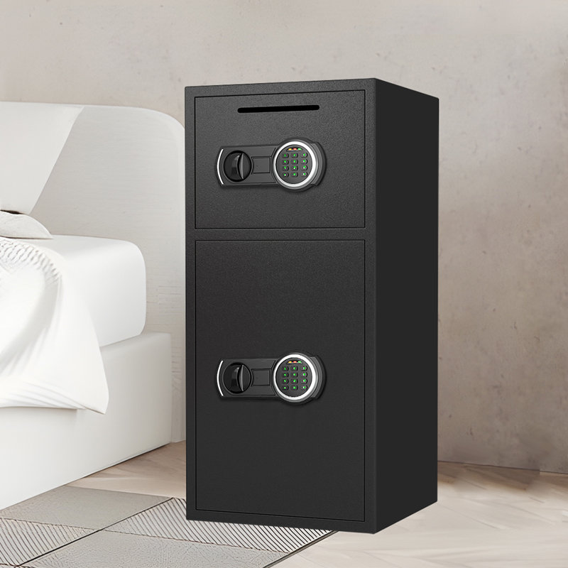Coffre-fort à double porte robuste, coffre-fort de sécurité numérique avec fente de dépôt et boîte de rangement en métal avec clavier rétroéclairé et double alarme pour bureau à domicile