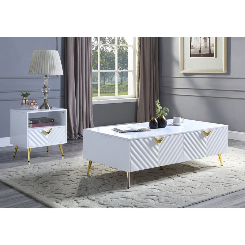 Table d'appoint Mid-Century moderne - blanc brillant et tablette de rangement rectangulaire brillante polyvalente pour l'espace de vie