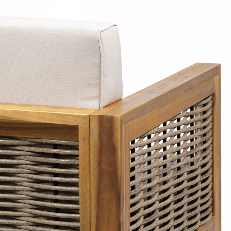 Ensemble de causeuse et table basse d'extérieur en bois d'acacia et en osier avec coussins