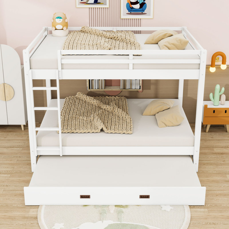 Queen Size Wooden Bunk Bed With Twin XL Size Trundle And Guardrails, White