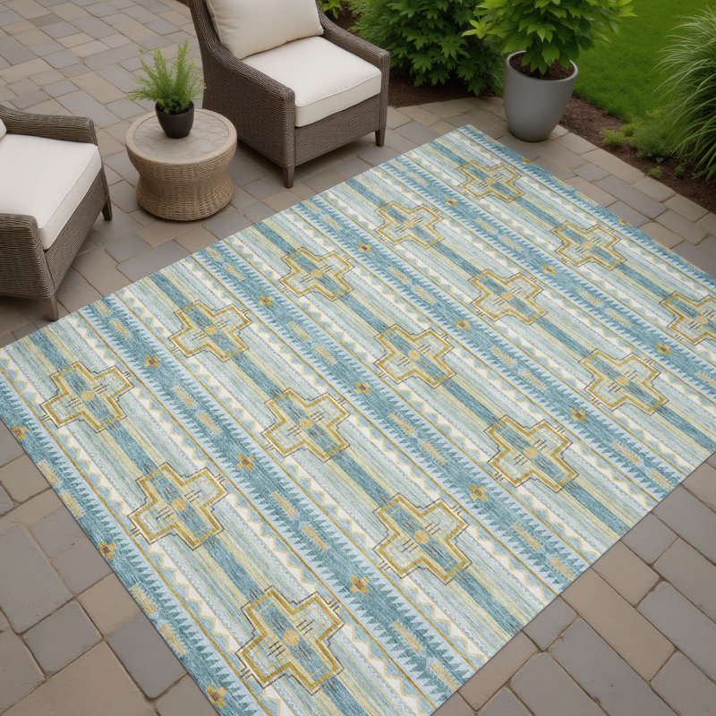 Tapis tribal intérieur / extérieur lavable à la machine, Sarcelle, 9 pi x 12 pi