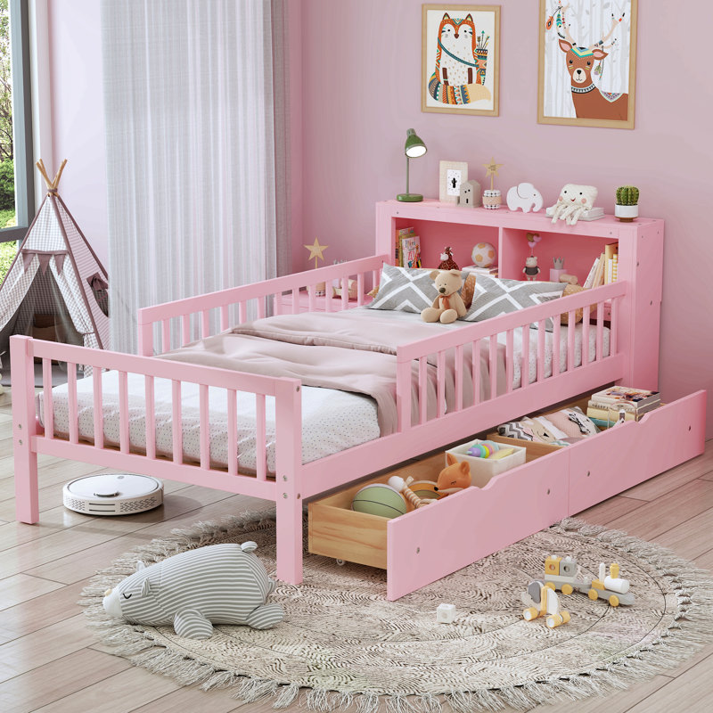 Lit simple avec support de tête de lit, deux tiroirs sous le lit, trois barrières de sécurité pour plus de sécurité, Rose