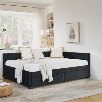 Upholstered Tufted Bed With Two Drawers,Comfortable Backrest And Armrests