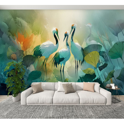 Papier peint auto-adhésif à motif d'aquarelle grues décoratives à motif d'aquarelle H 100 po x l 144 po Trio and Stick