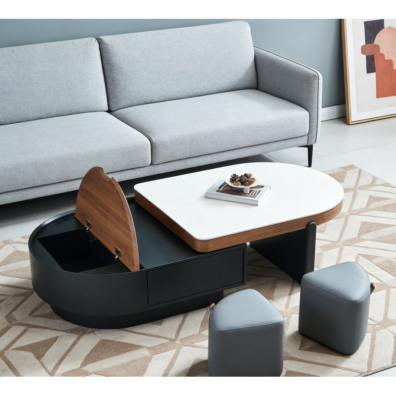 Table basse extensible avec rangement et 2 tabourets, panneau de fibres à densité moyenne avec placage de noyer, plateau relevable et tiroir